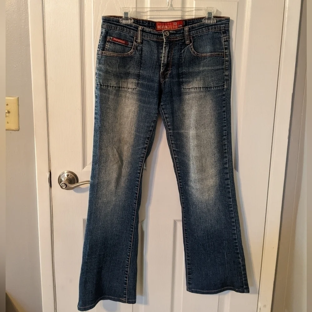 Vintage Y2K Richcow‎ Cotton Flare Jeans with Embellished Pockets Size 11